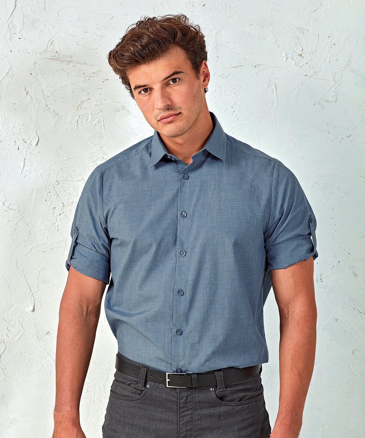 Indigo Denim - Poplin cross-dye roll sleeve shirt - GarmentEmbroidery