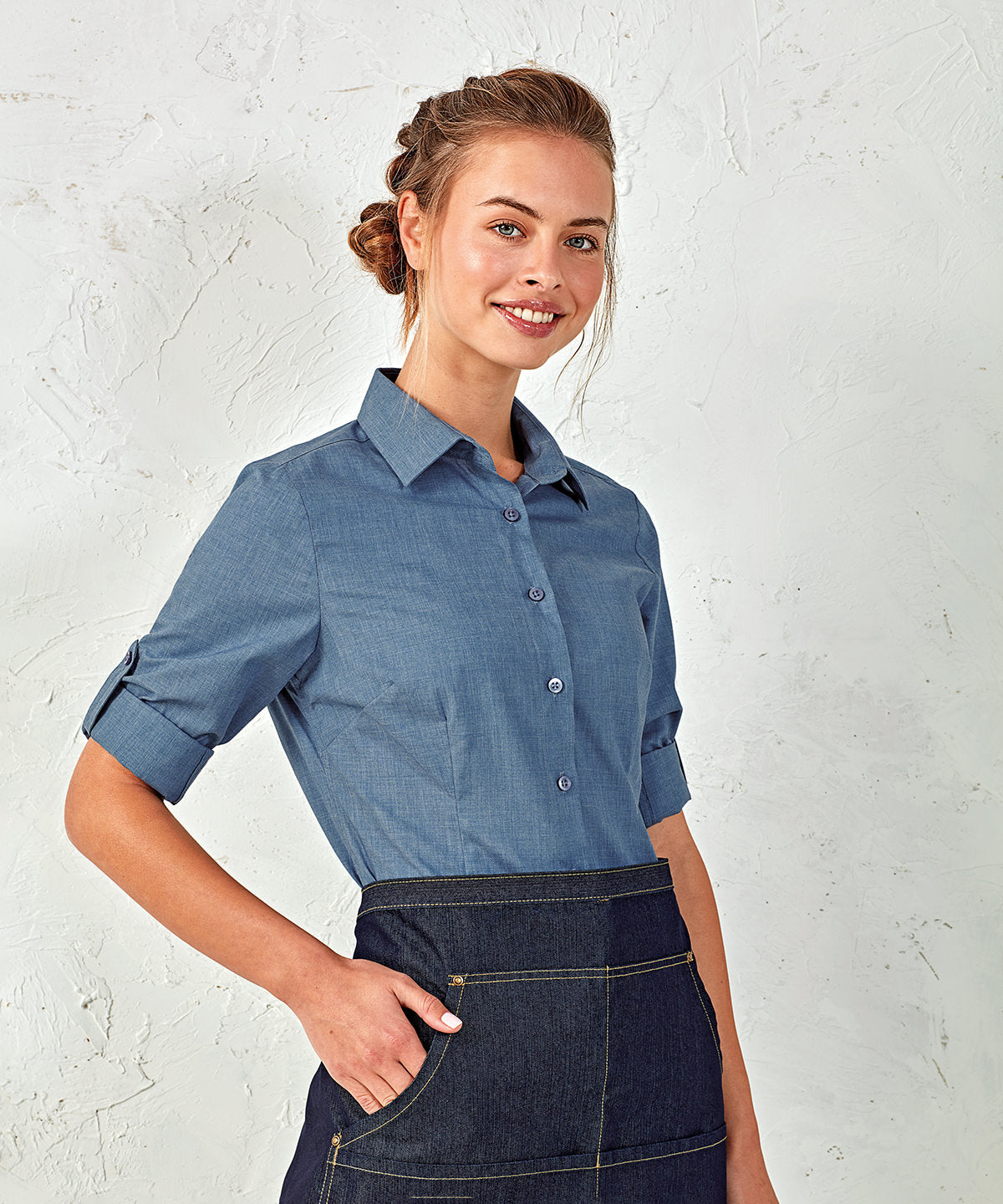 Indigo Denim - Women's poplin cross-dye roll sleeve shirt - GarmentEmbroidery