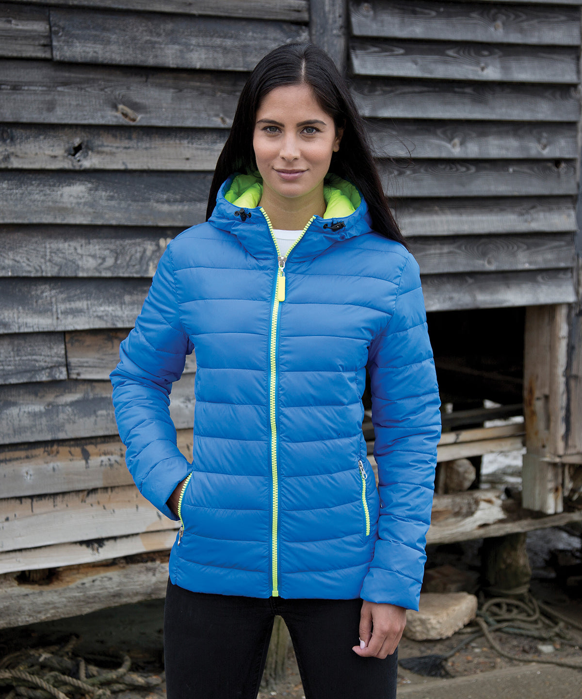 Ocean Blue/Lime - Women's Urban snow bird hooded jacket - GarmentEmbroidery