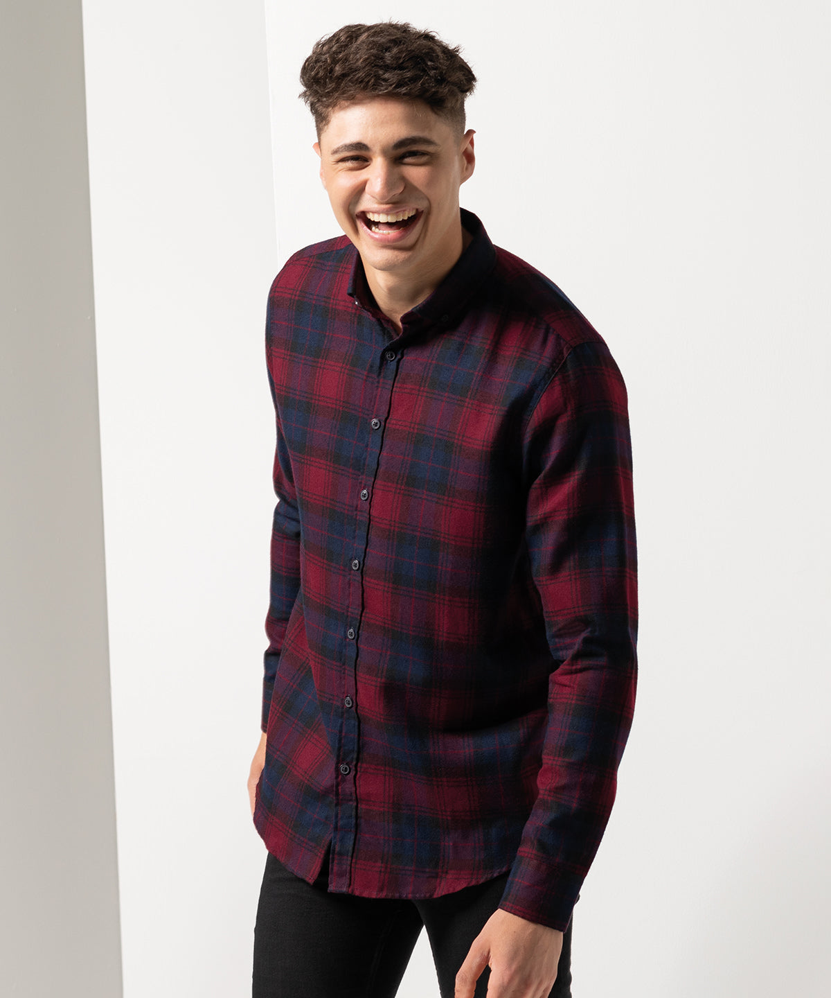 Navy Check - Brushed check casual shirt with button-down collar - GarmentEmbroidery