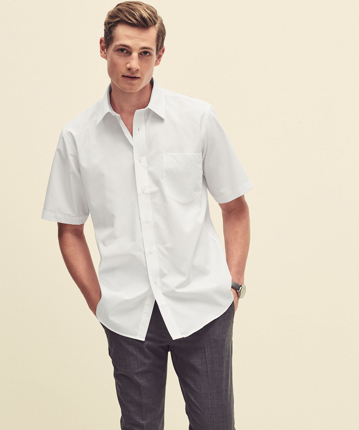 Navy - Poplin short sleeve shirt - GarmentEmbroidery