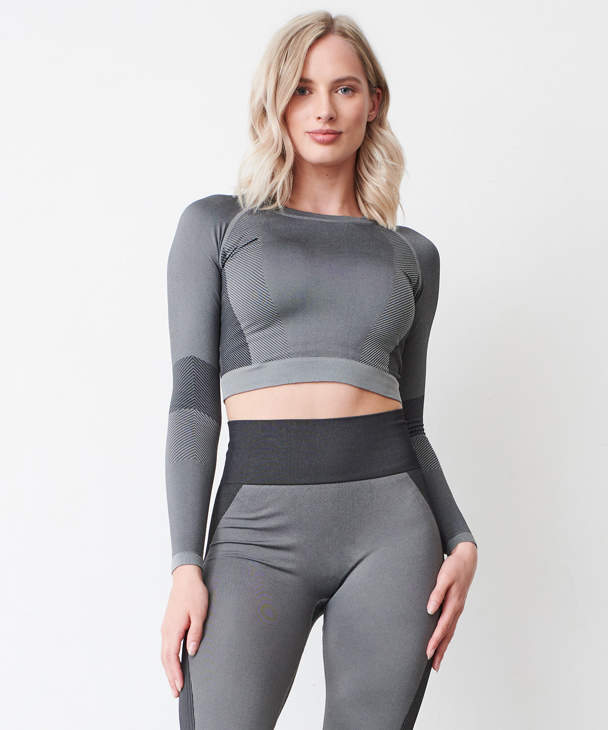 Light Pink/Purple - Women's seamless panelled long sleeve crop top - GarmentEmbroidery