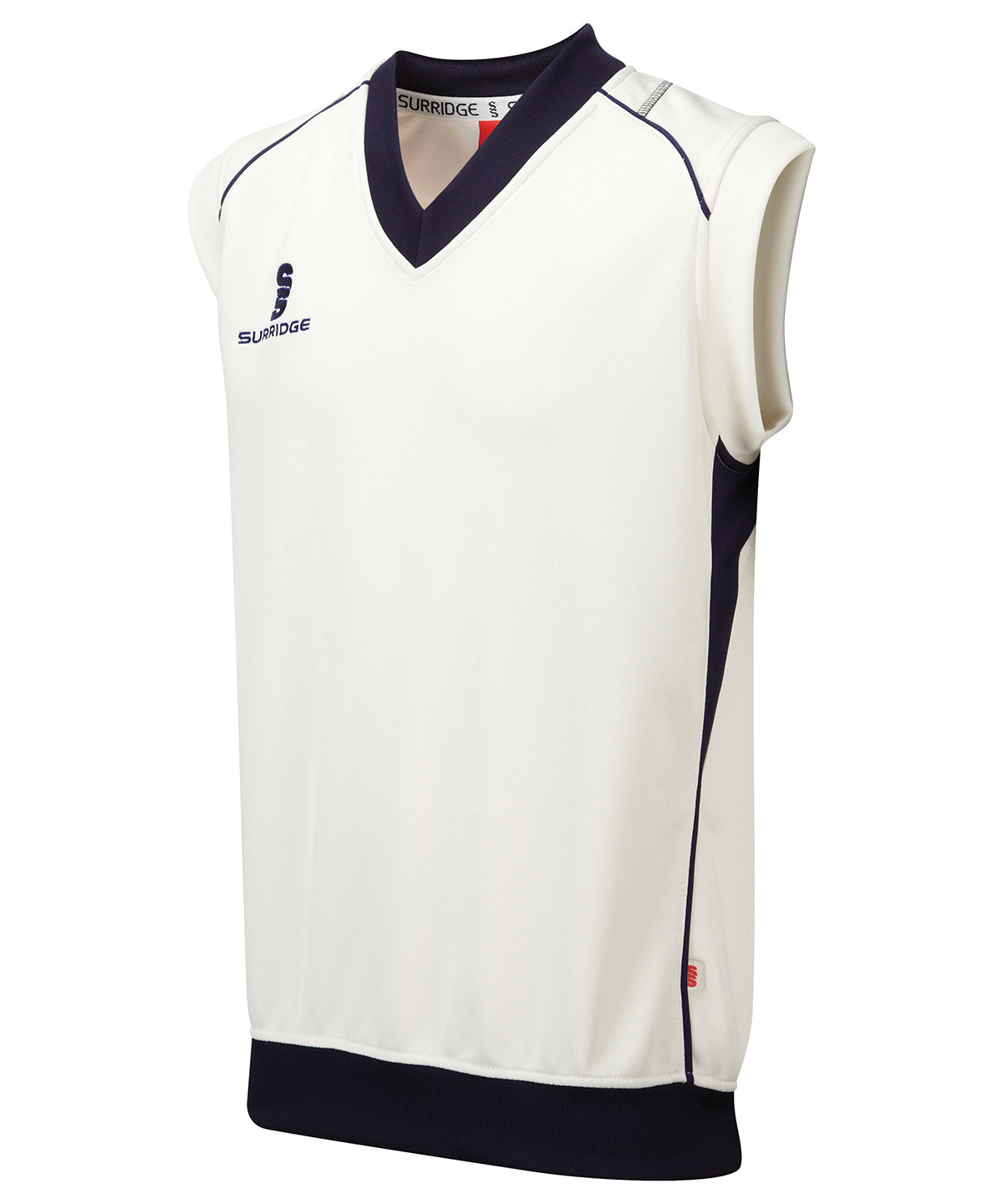 White/Navy trim - Curve sleeveless sweater - GarmentEmbroidery