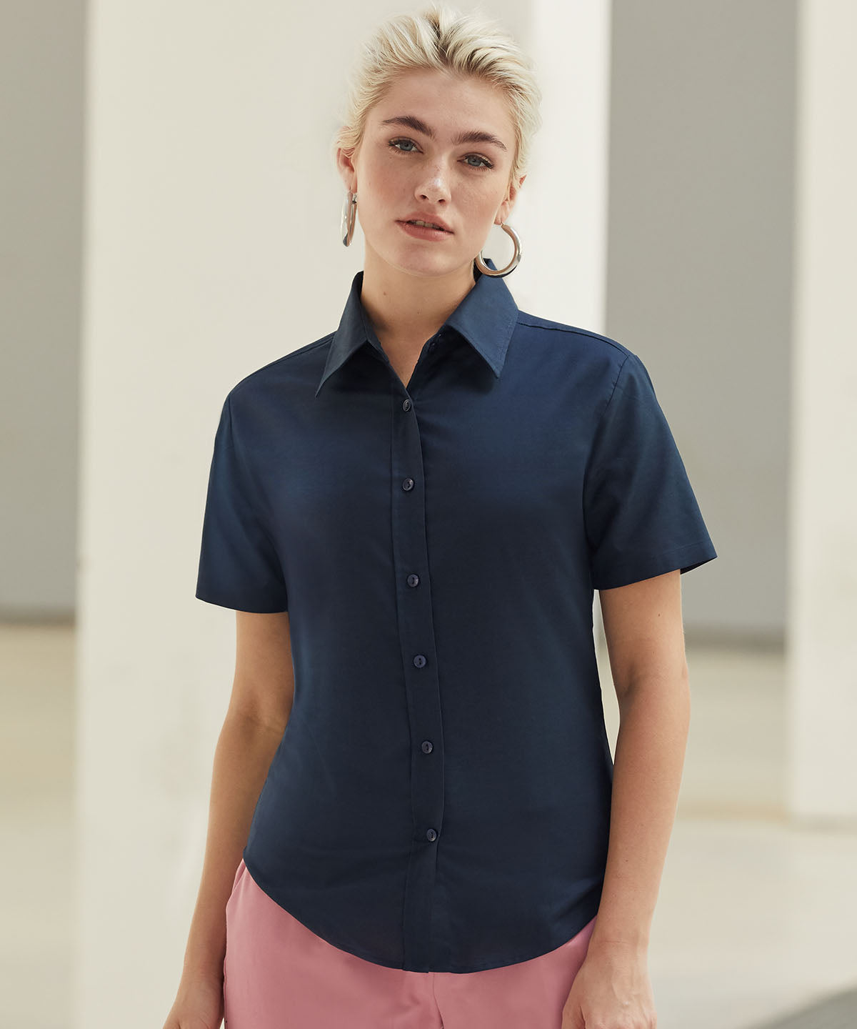 Navy - Women's Oxford short sleeve shirt - GarmentEmbroidery