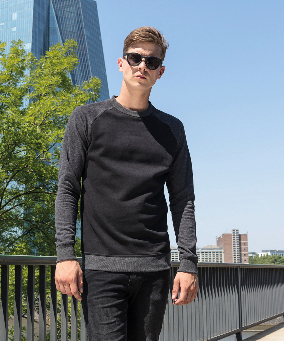 Heather Grey/Black - Raglan crew neck - GarmentEmbroidery