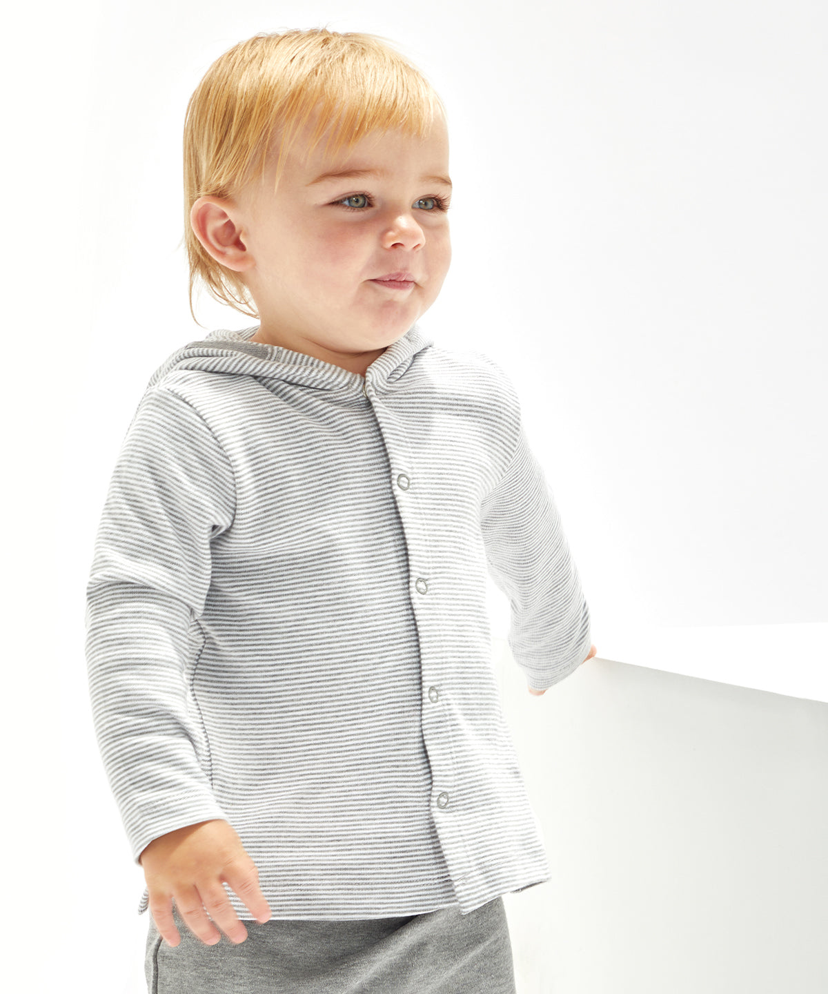 Organic White/Nautical Navy - Baby stripy hooded T - GarmentEmbroidery