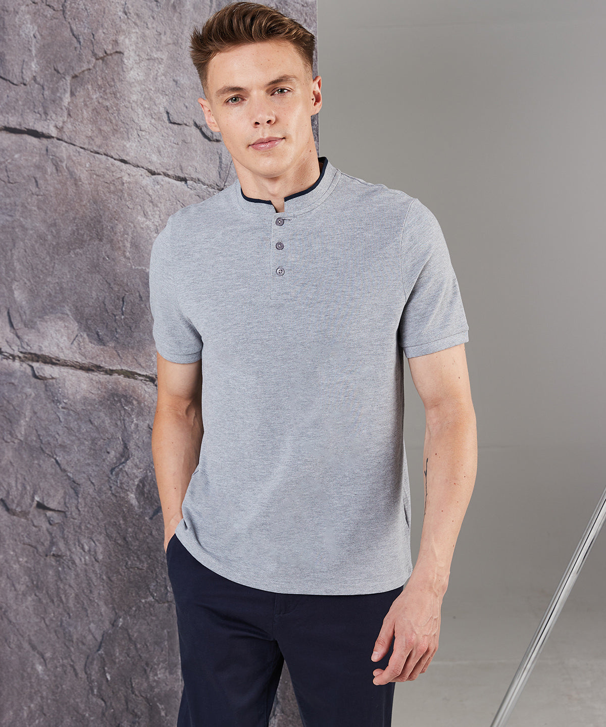 Heather Grey/Bright Navy - Stand collar stretch polo shirt - GarmentEmbroidery