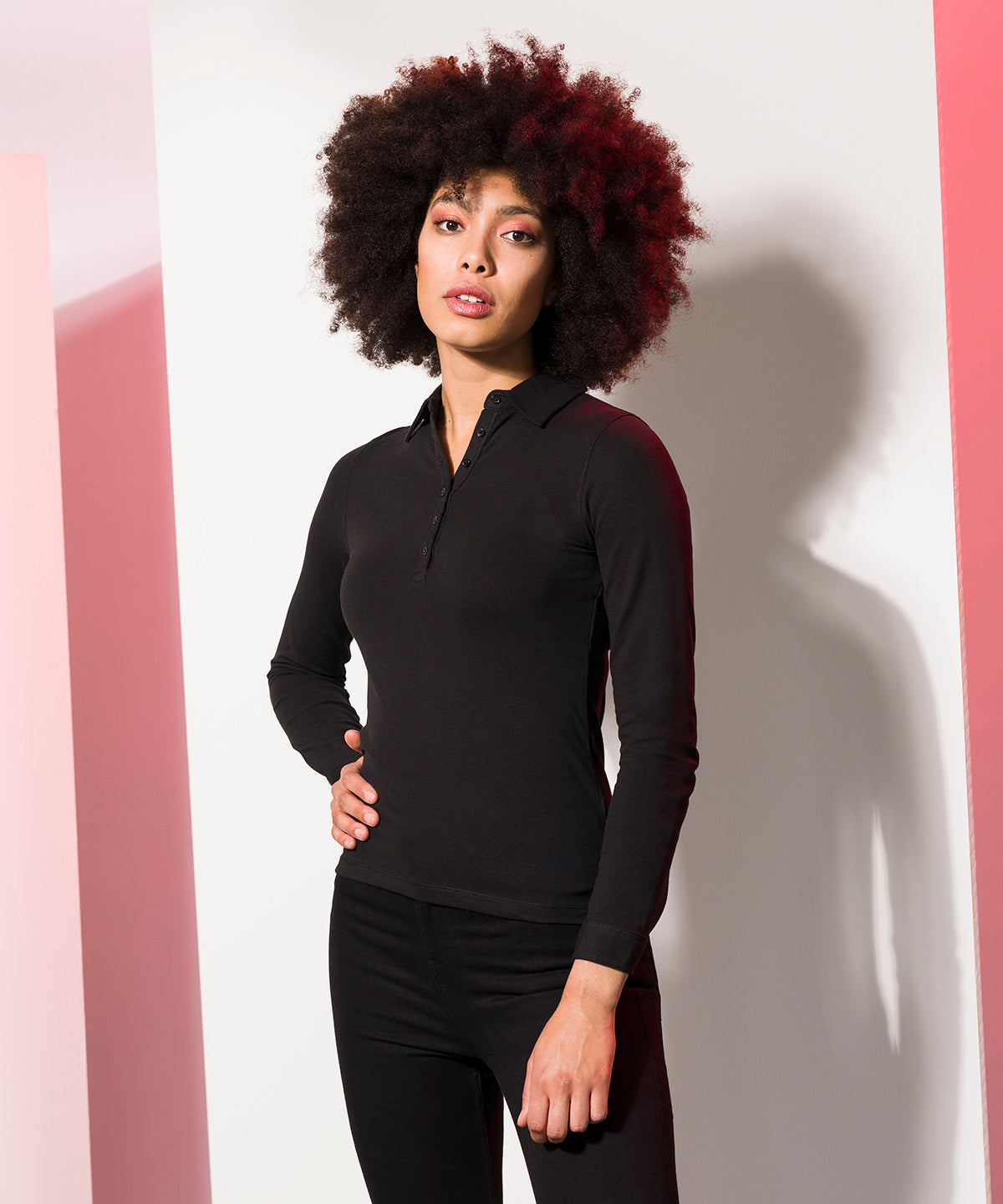 White - Women's long sleeve stretch polo - GarmentEmbroidery
